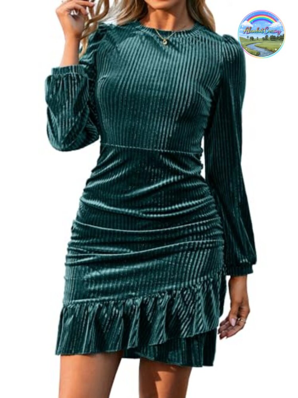 Velvet Bodycon Mini Dress Long Sleeve Ruffle Hem Cocktail Party